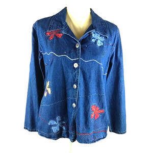 Vintage Blue Denim Jacket Bobbie Brooks Embroidered Patchwork Floral Size S
